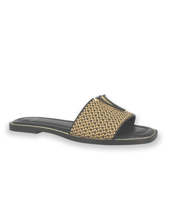SANDALIA PLANA RAFFIA BLACK BEIGE 