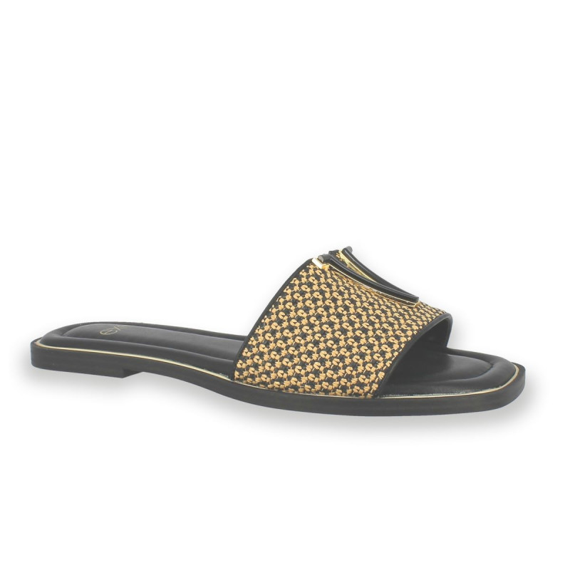 SANDALIA PLANA RAFFIA BLACK BEIGE 